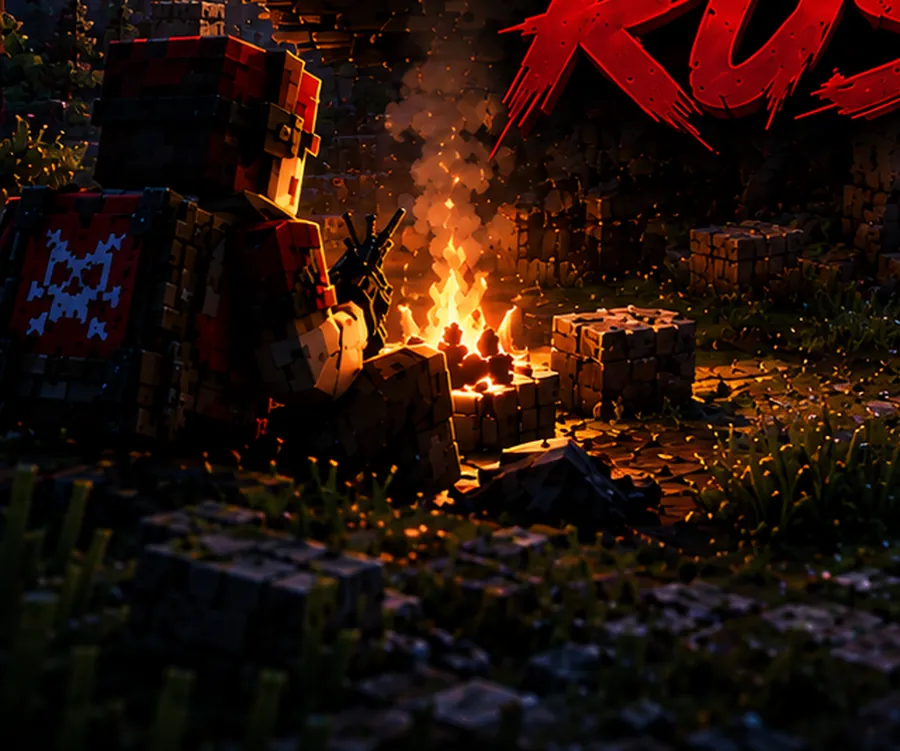 A player with a rifle sits by a campfire under the red flag