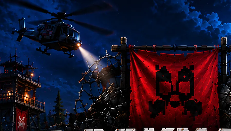 A helicopter sweeps its searchlight over the base at night