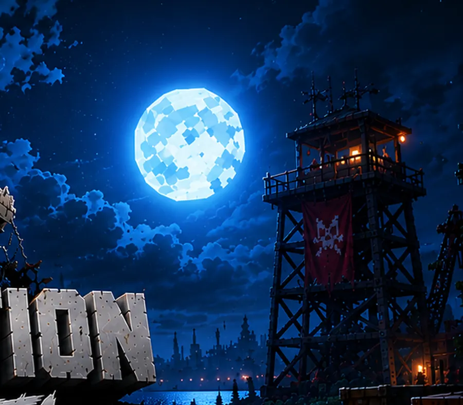 The blocky moon over a watchtower