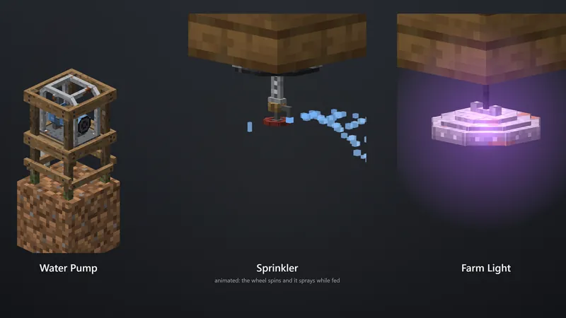 BlockNation farm deployables: water pump, sprinkler and farm light